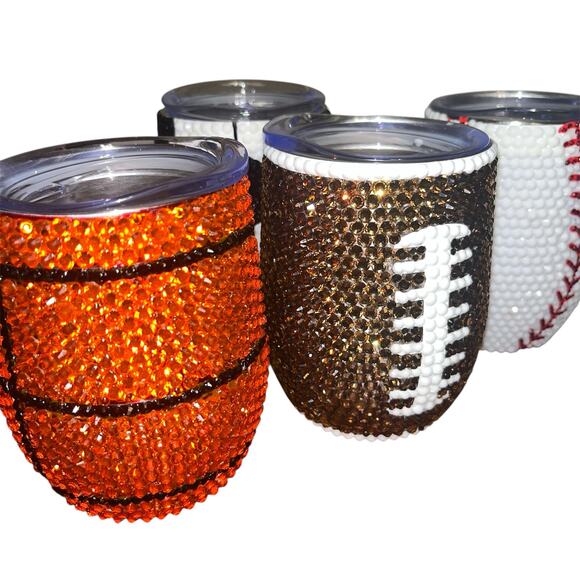 Set of 4 Luxury Custom Crystal Studded Sports Themed  Wine Tumblers 12 oz - Picture 3 of 4